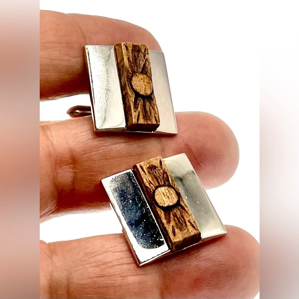 Vintage Signed Swank Silver Tone Cufflinks with Carved Wooden Design